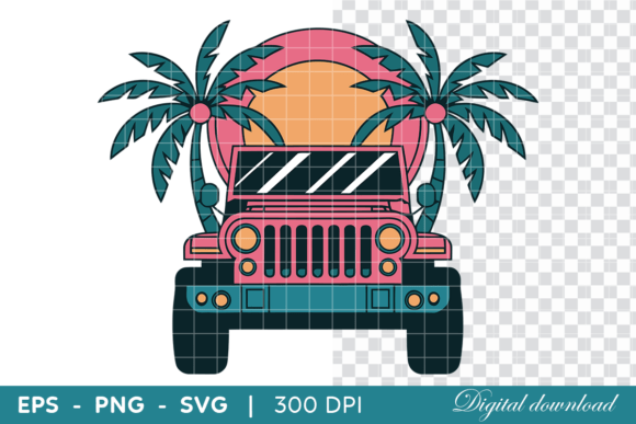 Reviewing Retro Car with Palm Trees and Sunset